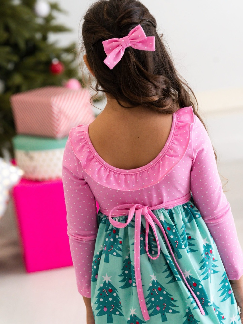 Eleanor Rose Pink & Teal Christmas Tree Long-Sleeve Tori Dress